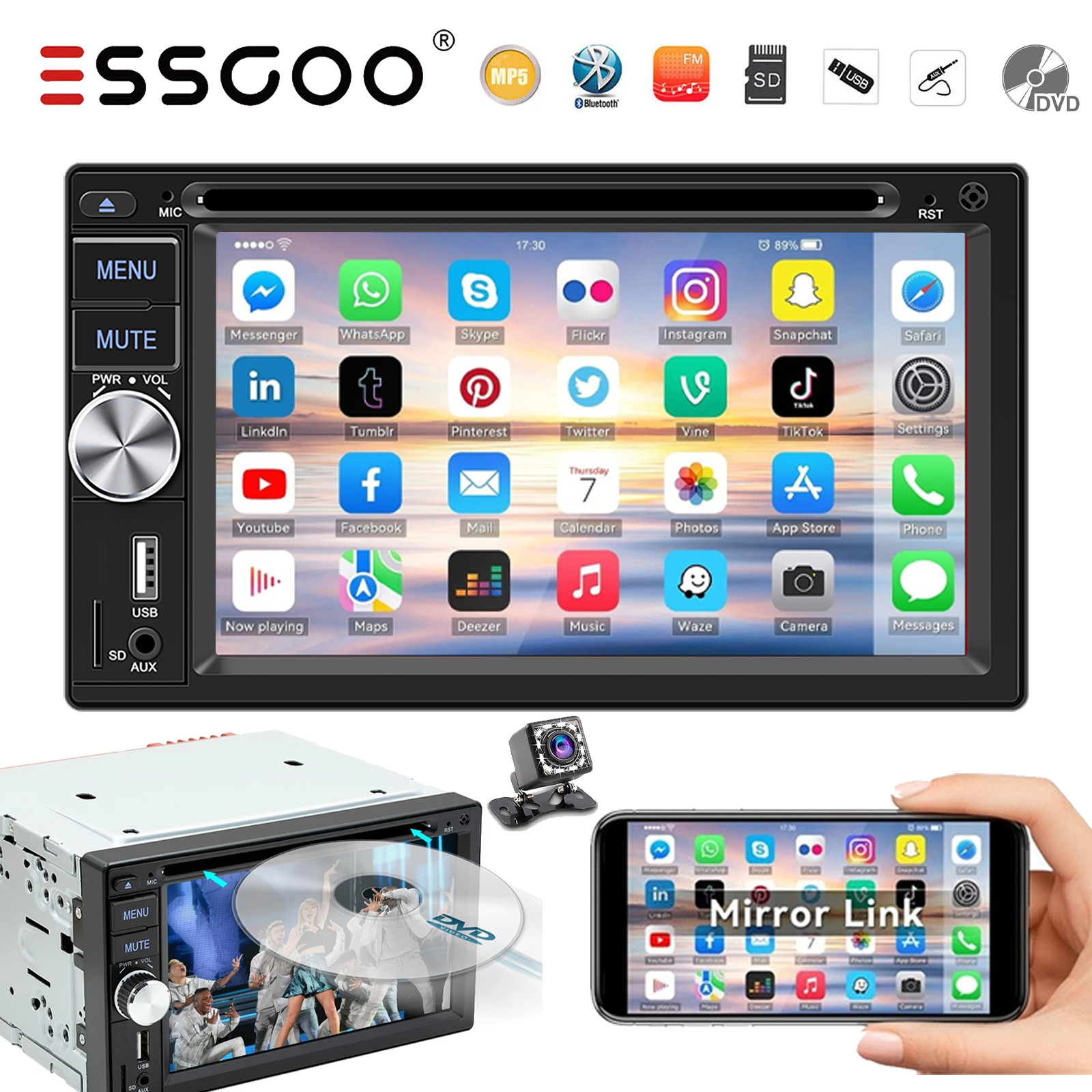 Double 2 DIN 6.2″ Car Stereo DVD/CD Player Radio with Apple CarPlay Auto +Camera
