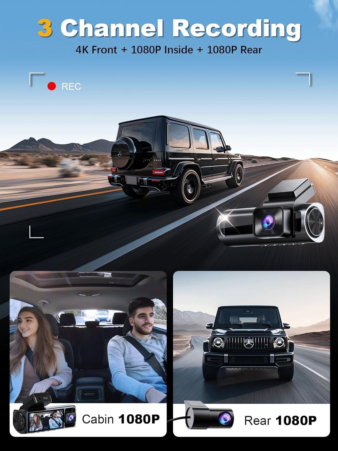 3-Channel Dash Camera for Cars with WiFi, GPS & Continuous Parking Monitoring