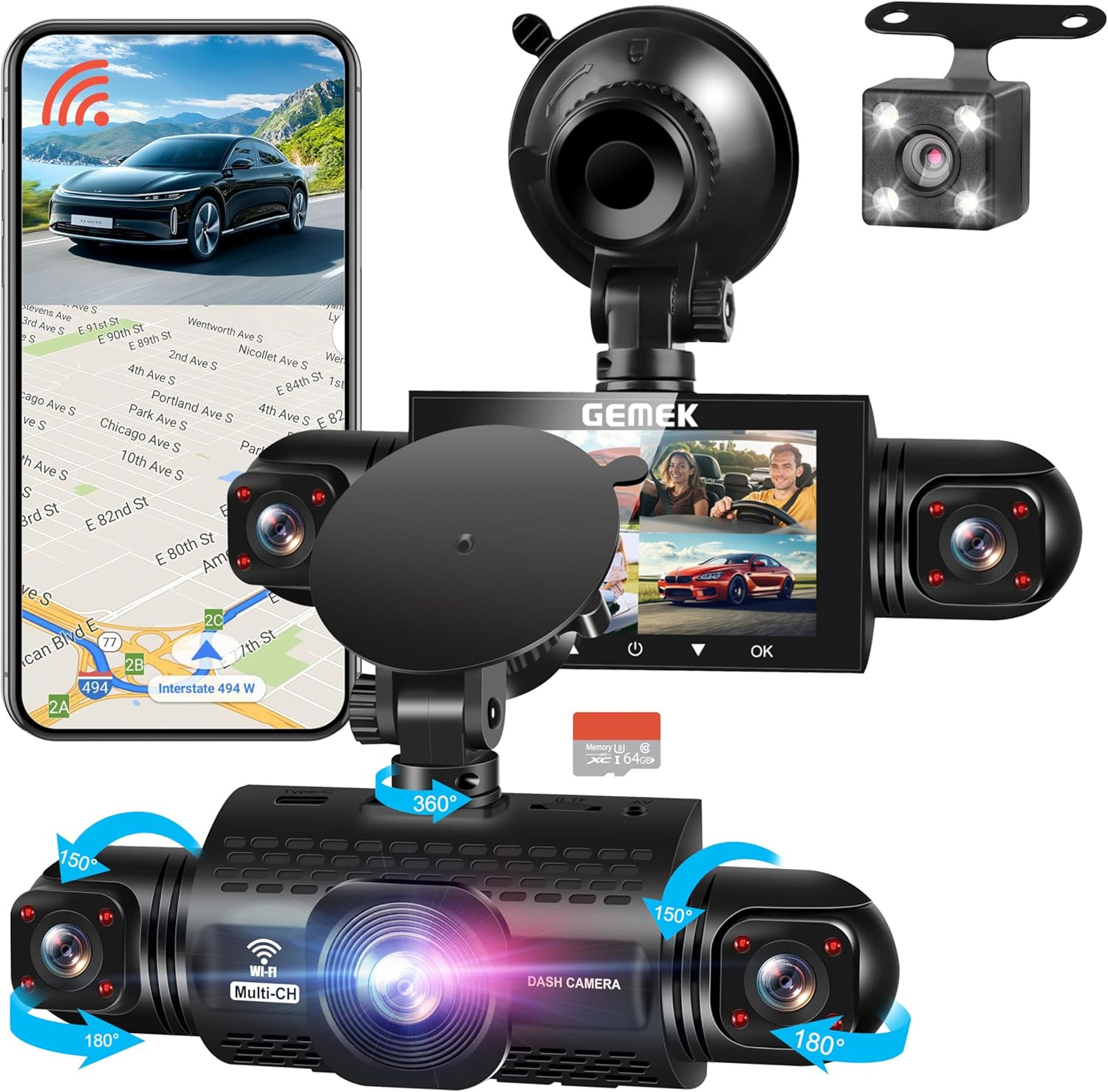 360 Degree View 4 Channel Dash Cam 5G WiFi & App Control, GEMEK 2K Front and Rea