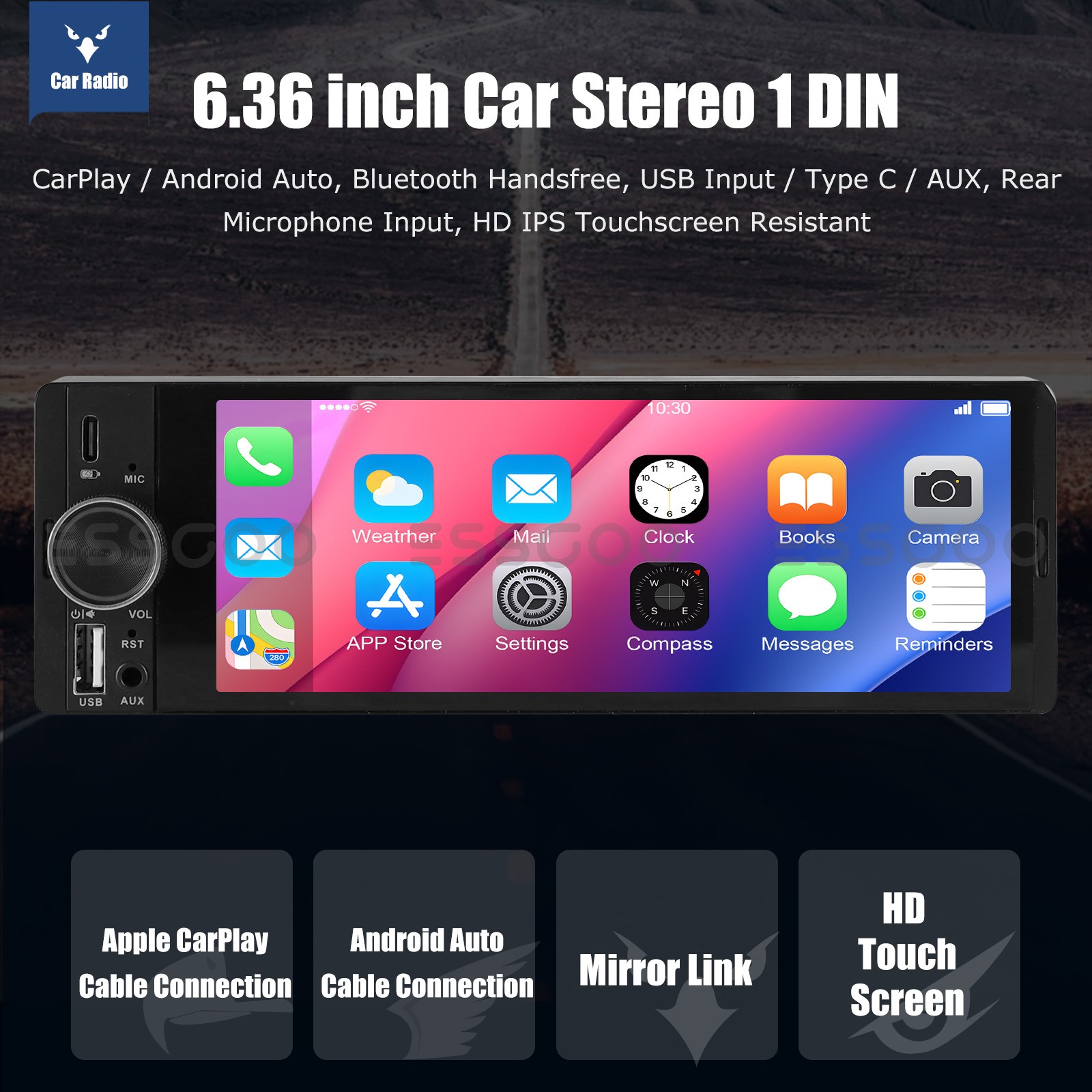 6.36 Inch Single 1 Din Car Stereo Radio Wireless CarPlay Touchscreen BT FM USB-C