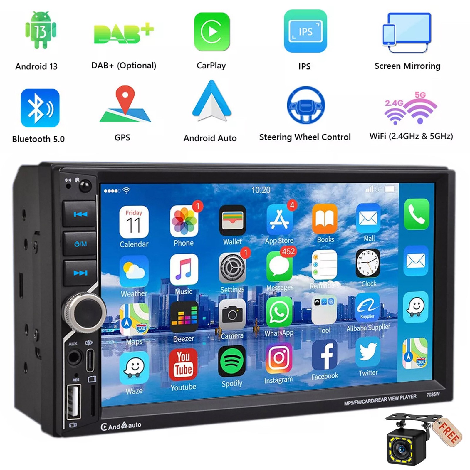7″ 2 DIN Android Auto Car Stereo Wireless CarPlay Bluetooth FM Radio with Camera