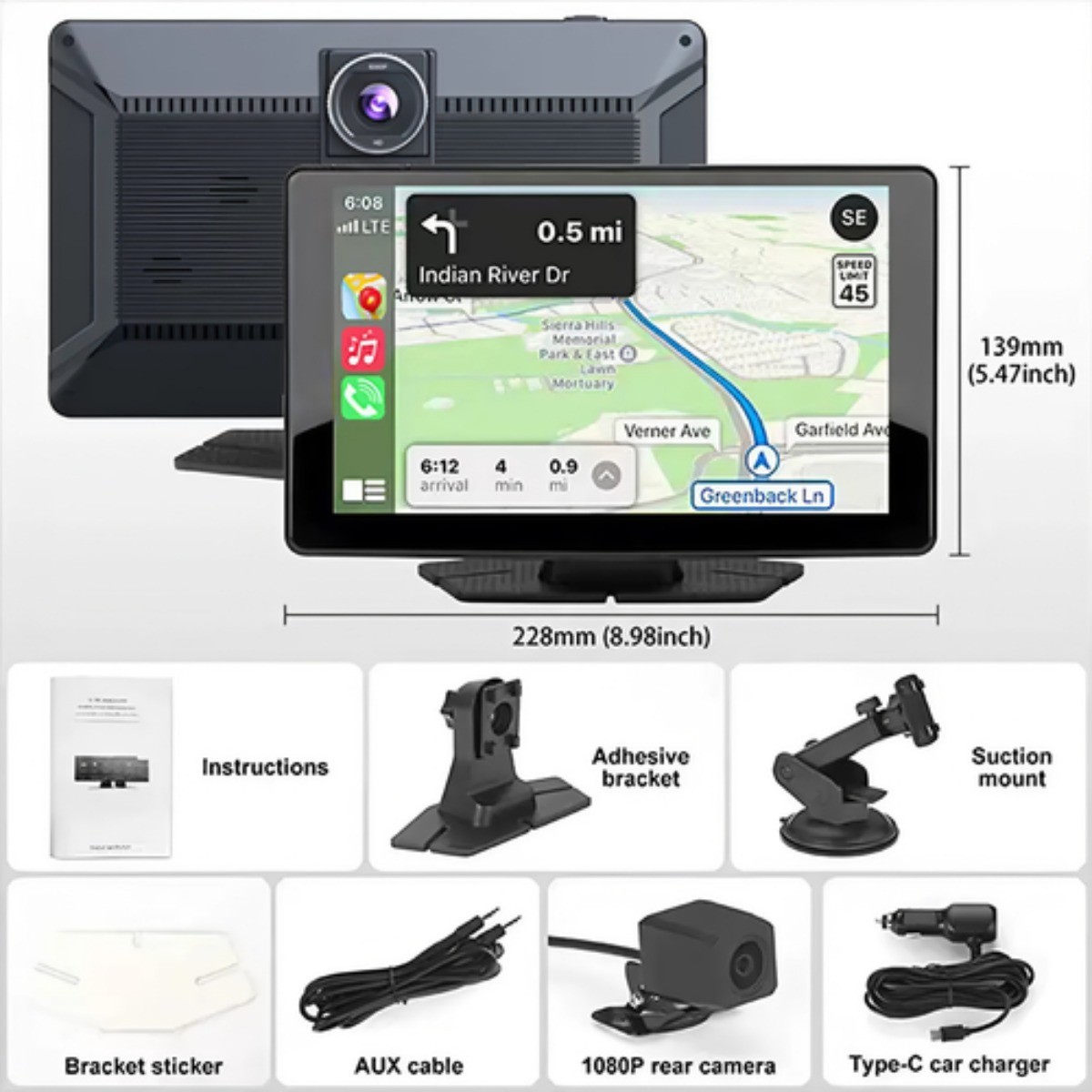 9″ Touch Screen Wireless Apple Carplay Android Auto Car 4K Dash Cam Recording