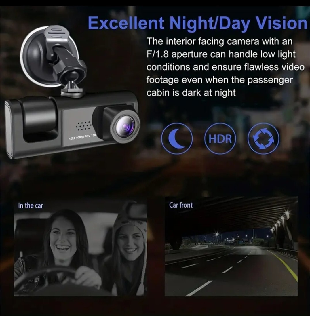 1080P 2 Camera Dash Cam W/ IR Night Vision, Loop Recording & 2″ IPS Screen