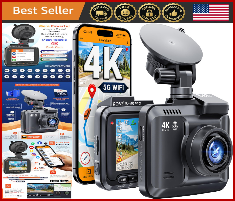 4K UHD Dash Cam 2160P, GPS, WiFi, Night Vision, 150° Wide Angle, 512GB Max