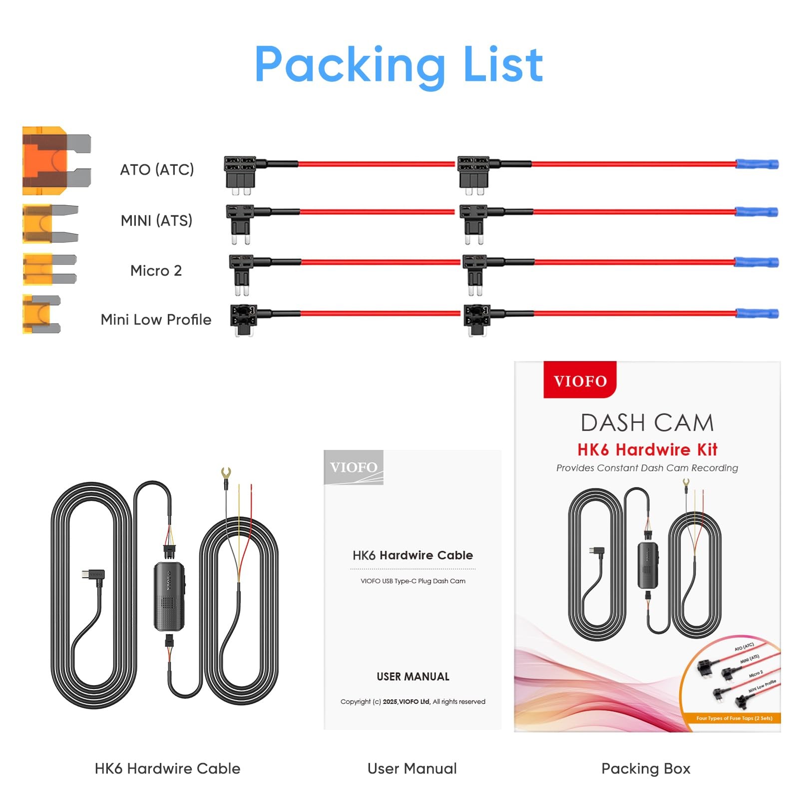 VIOFO Type-C HK6 Acc Hardwire Kit with 8PCS Full Set Circuit Fuse Tap for A32…