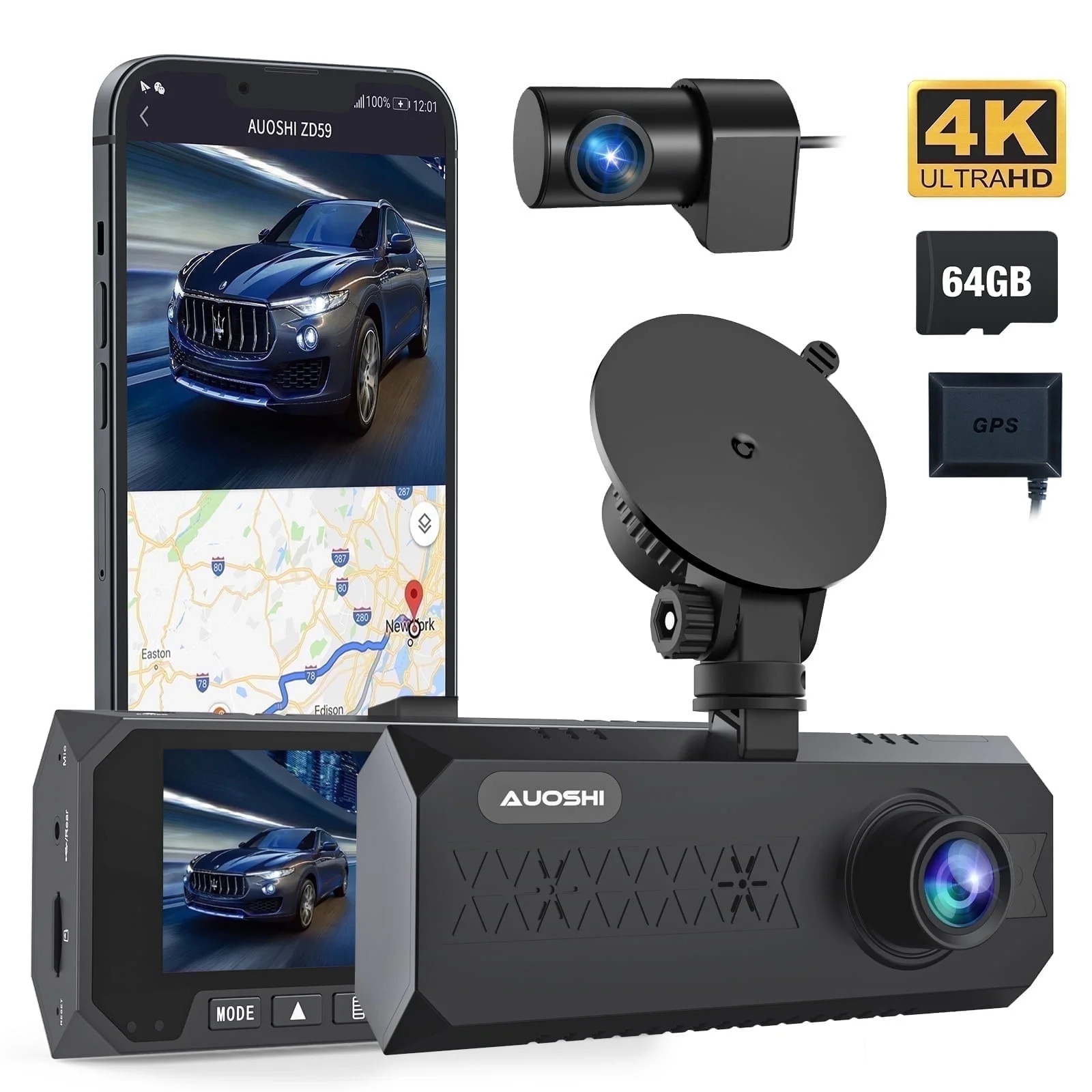 3 Channel Dash Cam Front and Rear Inside, 4K/2.5K + 1080P Dash Camera for Cars w