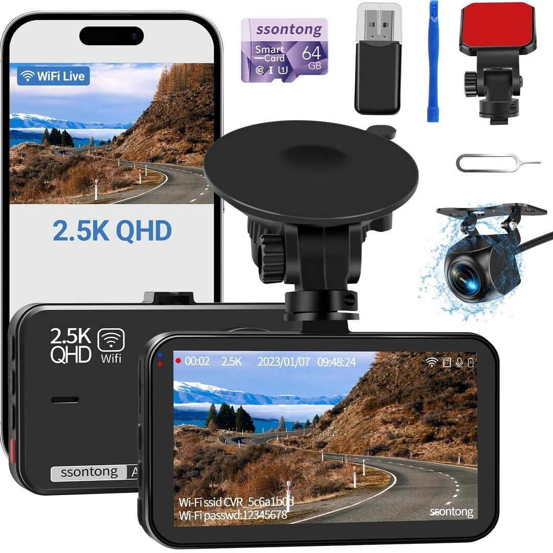 SSONTONG A16W 2.5 QHD 64 GB SD Dash Cam Car Security Accident Camera Front Rear