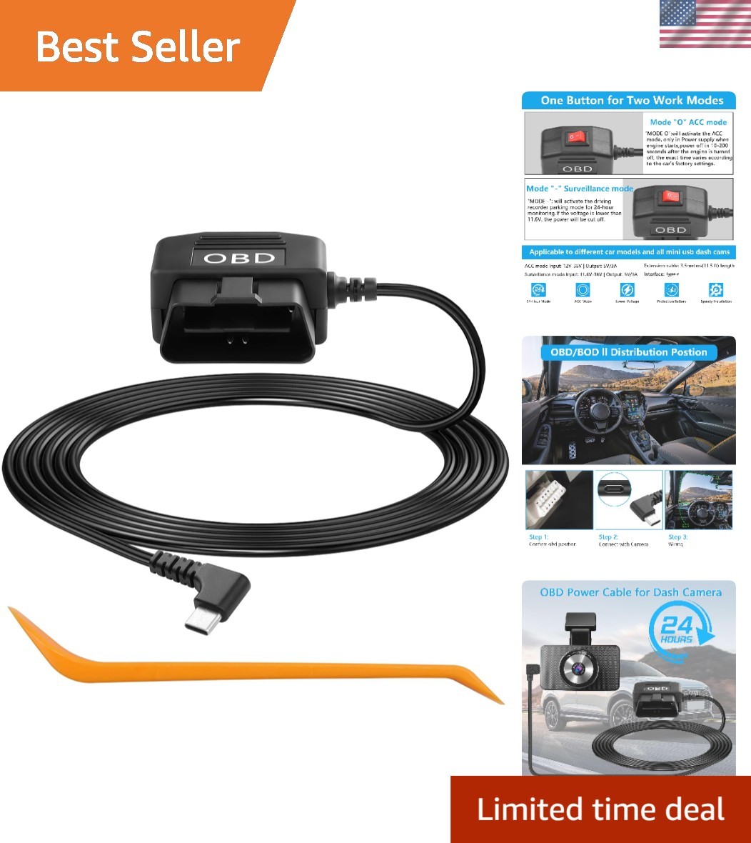 24-Hour Dash Cam Charger – OBD to Type C Power Cable with Low Voltage Protection