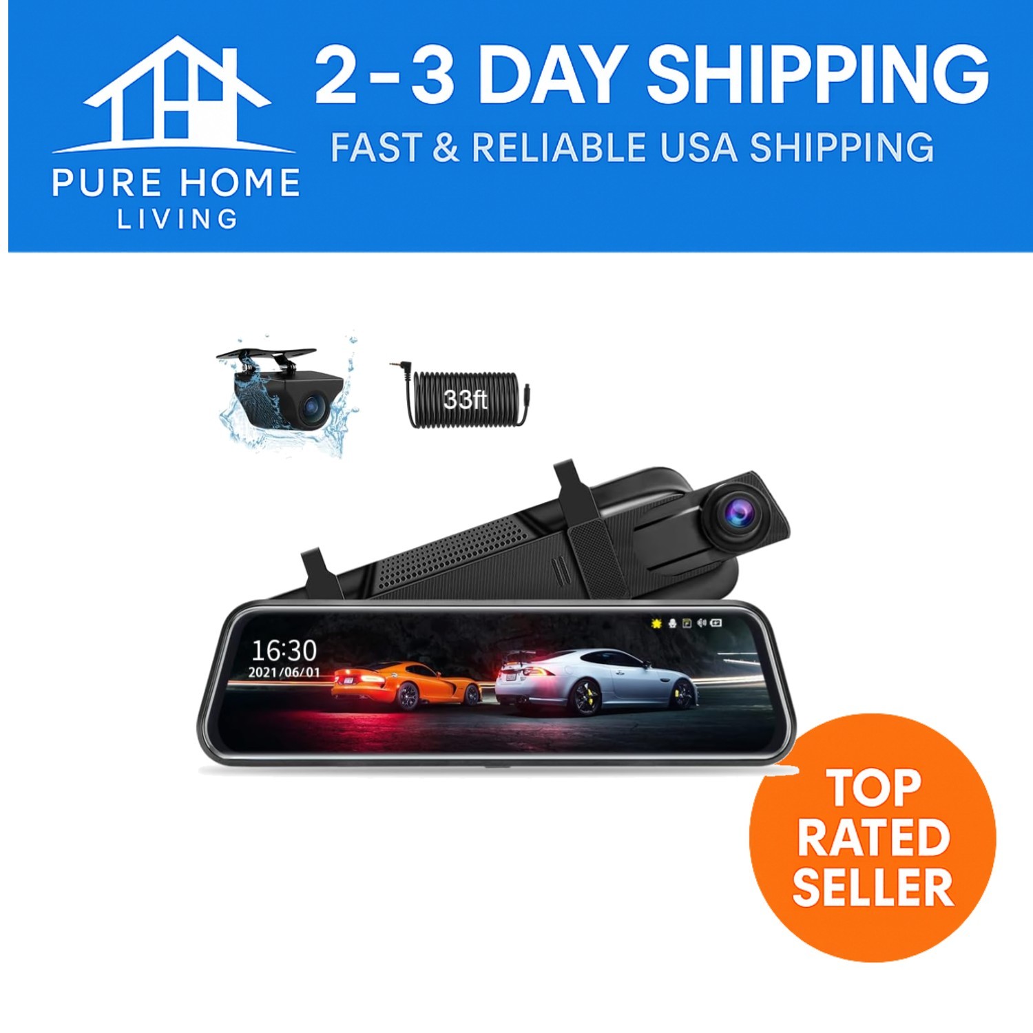 10” Full Touch Screen Mirror Dash Cam – 1080P Front & Rear with Loop Recording