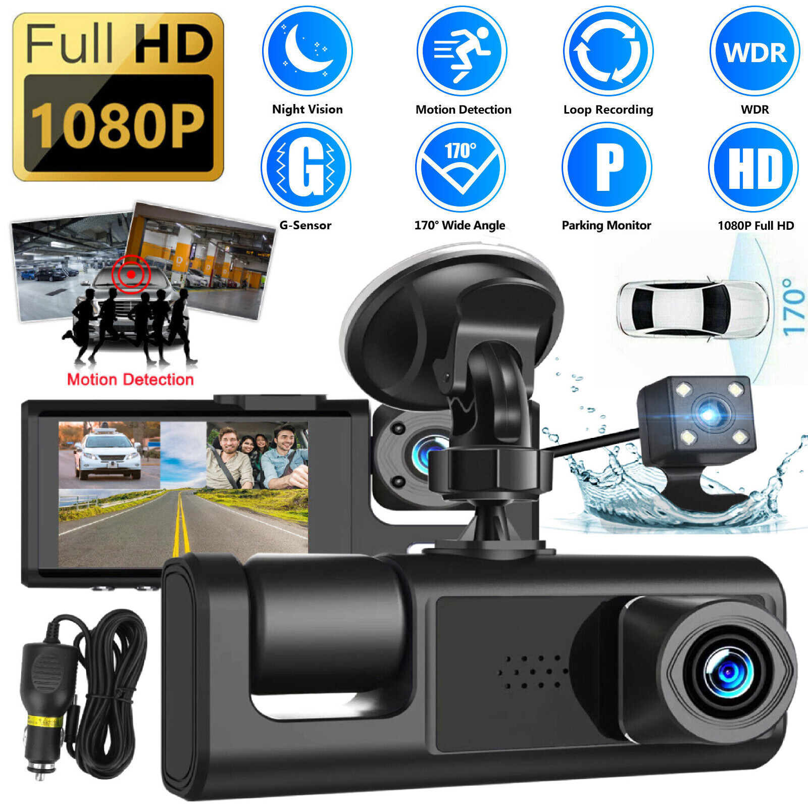 3 Lens Car DVR Dash Cam 1080P Front/Inside/Rear Camera Video Recorder G-Sensor