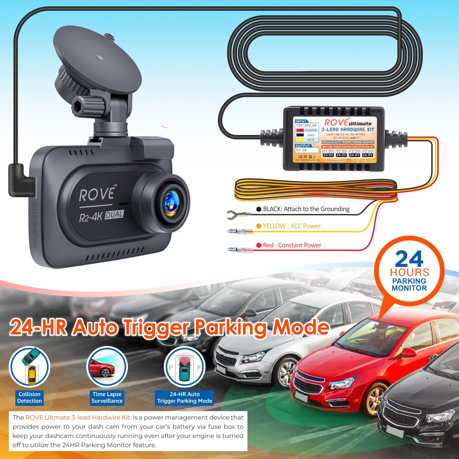 4K Dual Dash Cam Bundle with Hardwire Kit, Front & Rear Camera, Night Vision