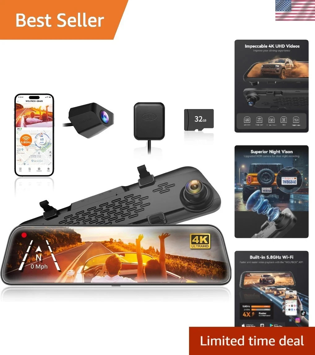 WOLFBOX G900PRO V02 Mirror Dash Cam IMX678 5.8GHz WiFi GPS,W/4A Acc Hardwire Kit