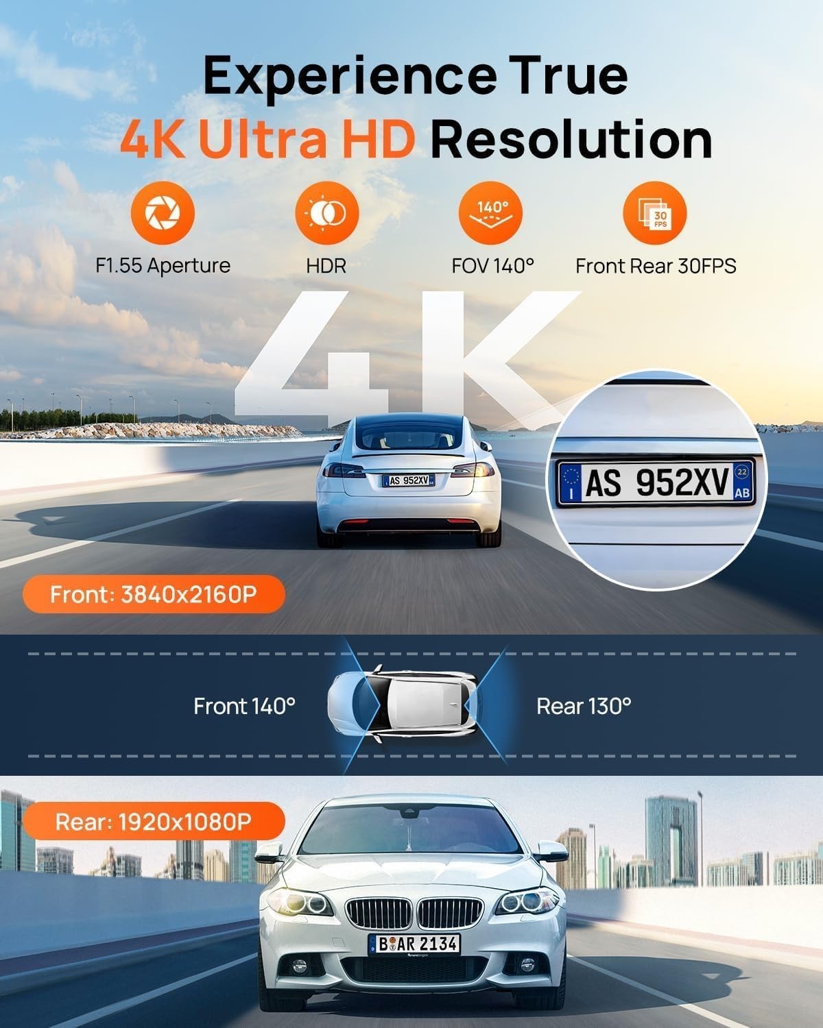 Comprehensive 4K Dual Camera Dash Cam with Loop Recording & Parking Mode