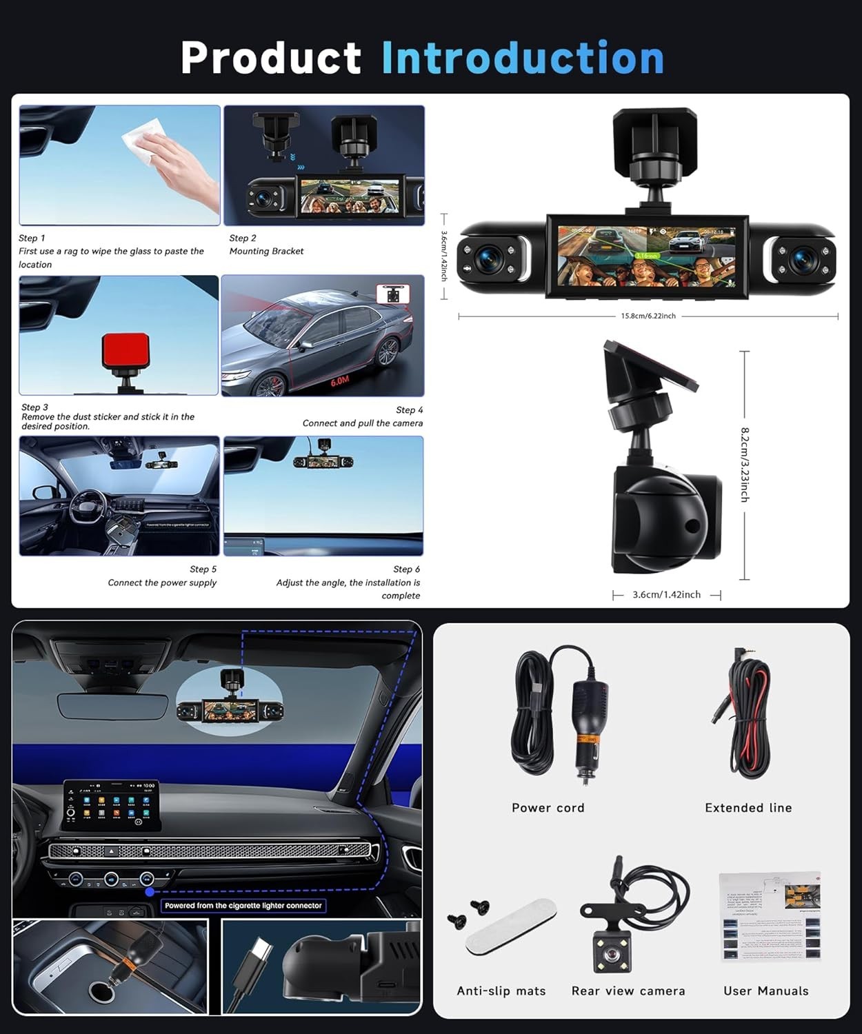 4 Channel 360° Dash Cam for Cars – Front, Rear, Left & Right | 3.16″ HD Display,