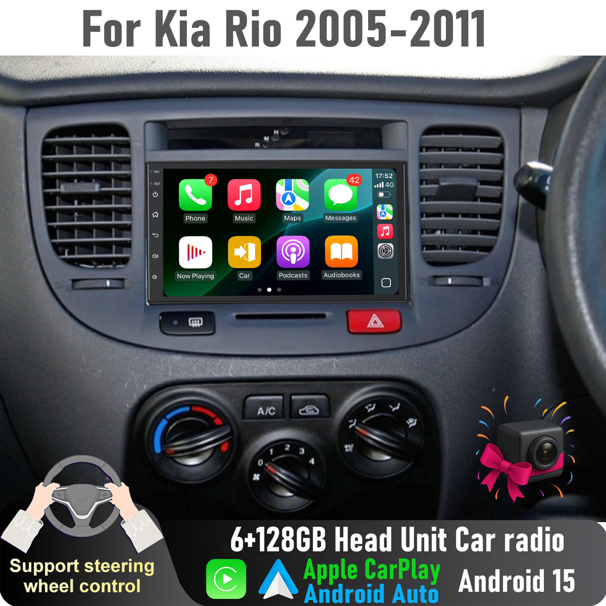 7″ Camera Apple CarPlay Auto 6+128GB Head Unit Car radio For Kia Rio 2005-2011