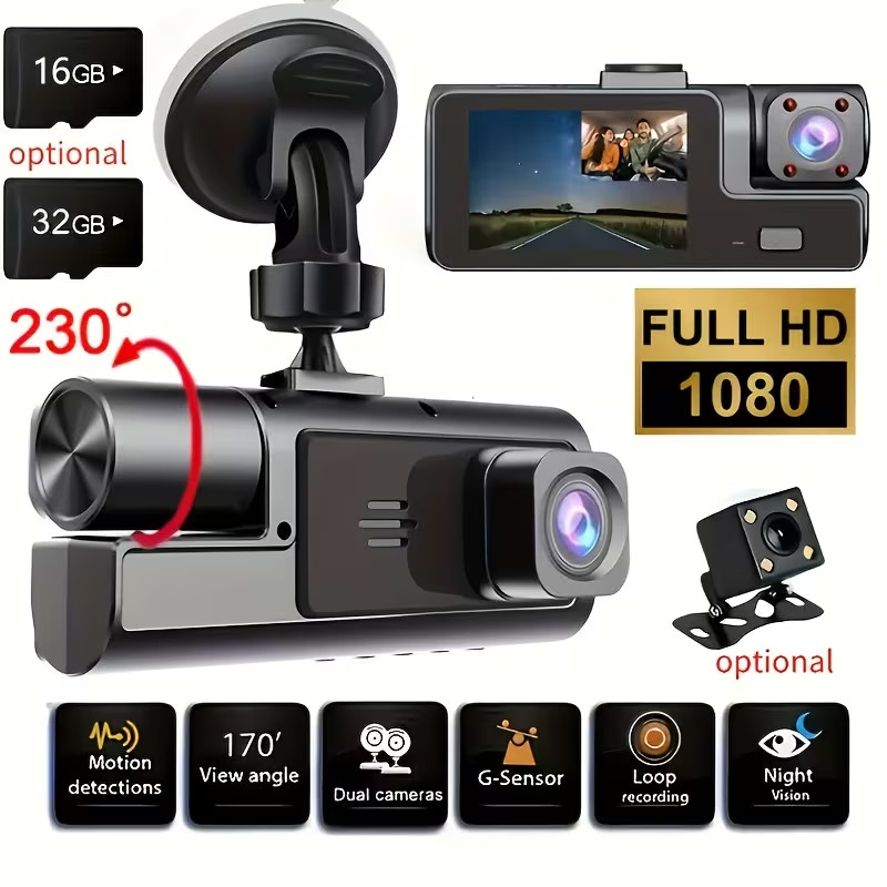 Dual Camera Dash Cam For Cars w/ IR Night Vision, 170°Wide Angle, Loop Recording