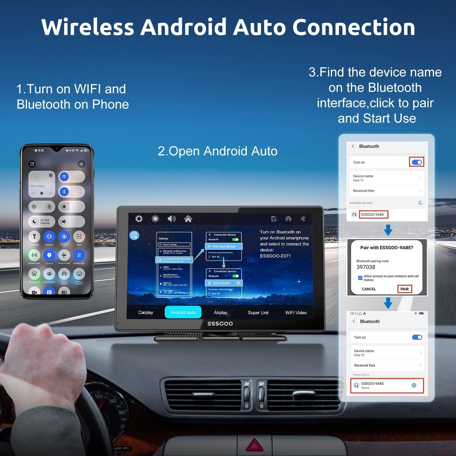 ESSGOO 9 Inch Dash Cam Portable Apple Carplay Android Auto 4K+1080P Touch Screen