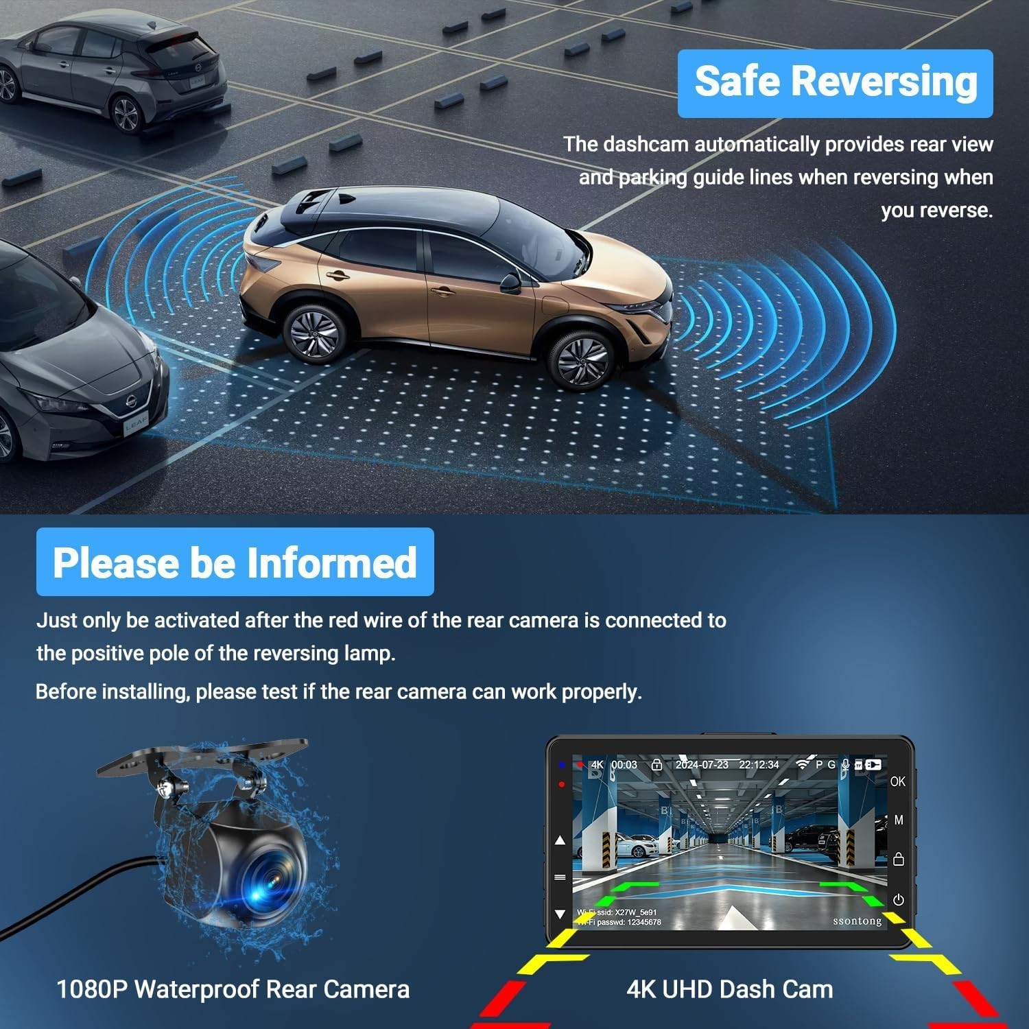 Complete Car Dash Cam System – 4K Front & 1080P Rear, Time-Lapse, USB Powered
