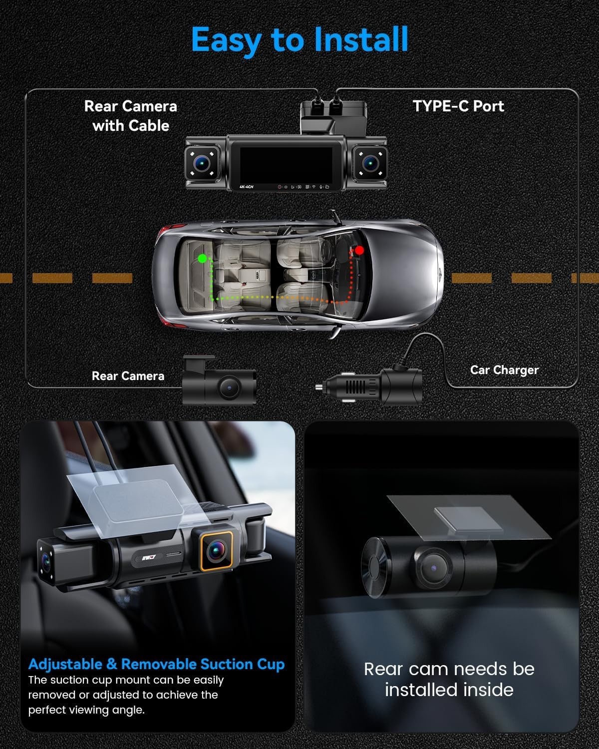 IIWEY N7 PRO 4K STARVIS 4-Channel Dash Cam 360° View, 8-IR Night Vision