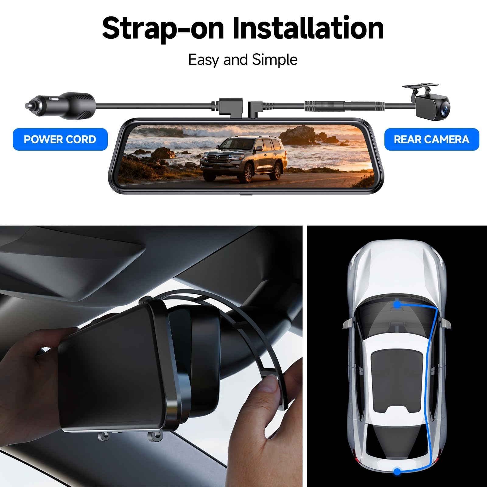 10″ Dual Lens Mirror Dash Cam 1080P FHD Night Vision, 170° Wide Angle, G-Sensor,