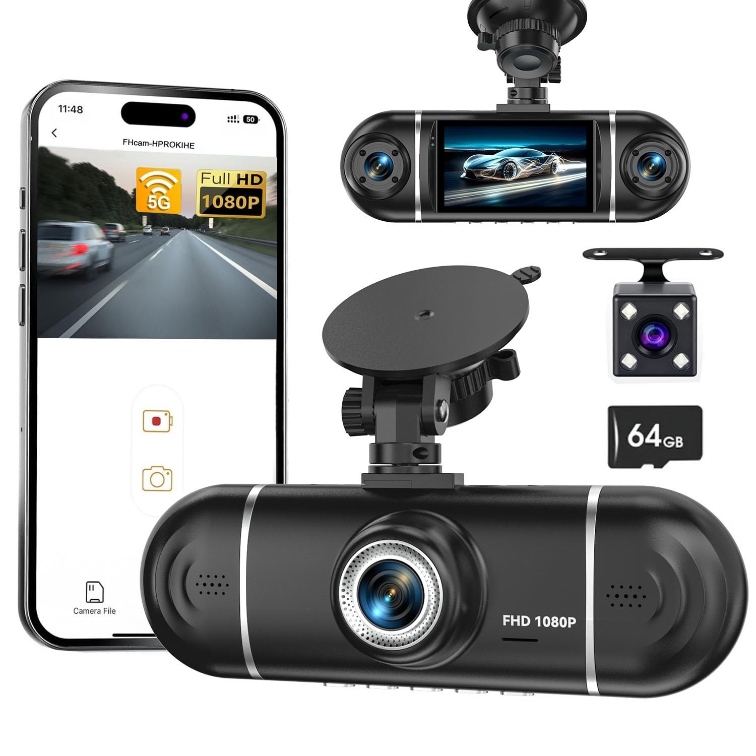 4 Channel 1080P Dash Cam Front & Rear, 360° View, Night Vision, WiFi, 64GB Card