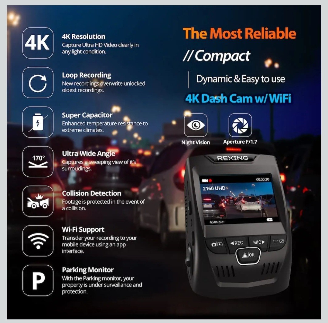 REXING V1 – 4K Ultra HD Car Dash Cam 2.4″ LCD Screen, Wi-Fi, 170° Wide Angle…