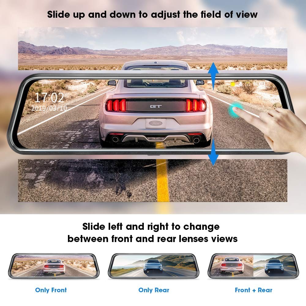 10″ Mirror Dash Cam Front & Rear, 1080P FHD, Night Vision, Touchscreen, 170° Ang