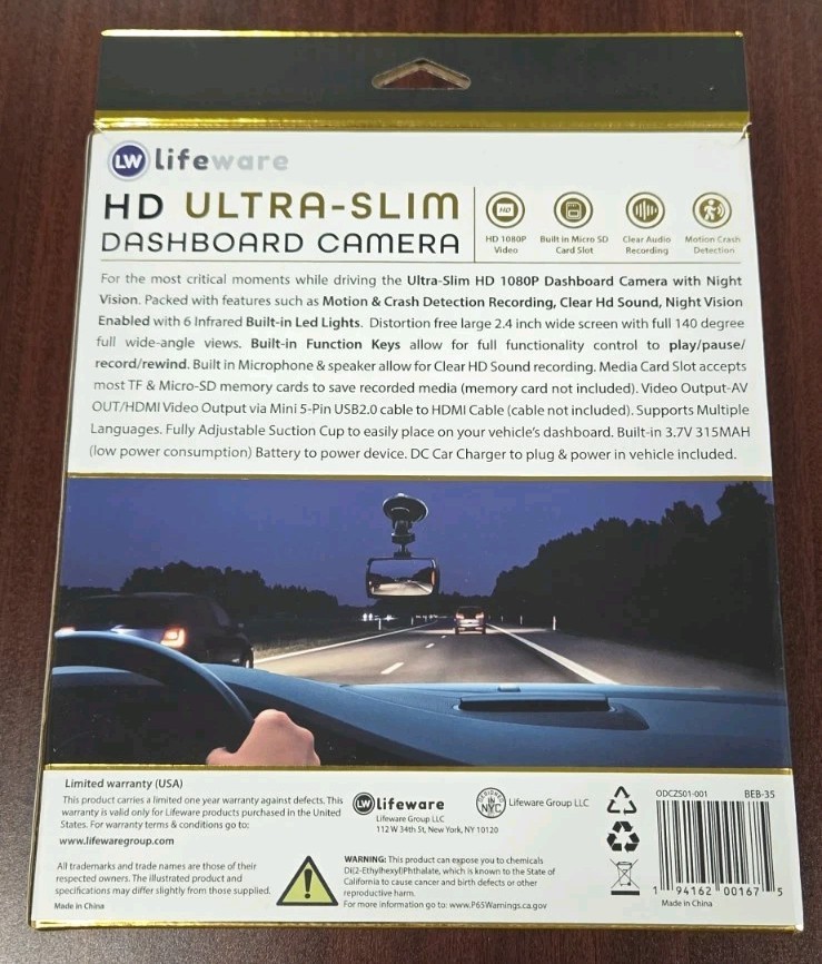 Lifeware HD Ultra-Slim 1080p Car Dash Cam 2.4″ Screen Night Vision LED NEW