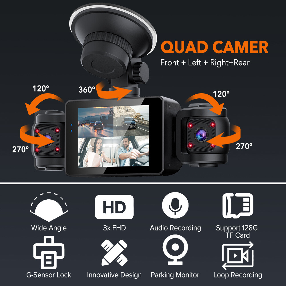 4 Channel Dash Cam 360° Dash Camera HD 1080P 4 Lens Driving Recorder w/32G Card