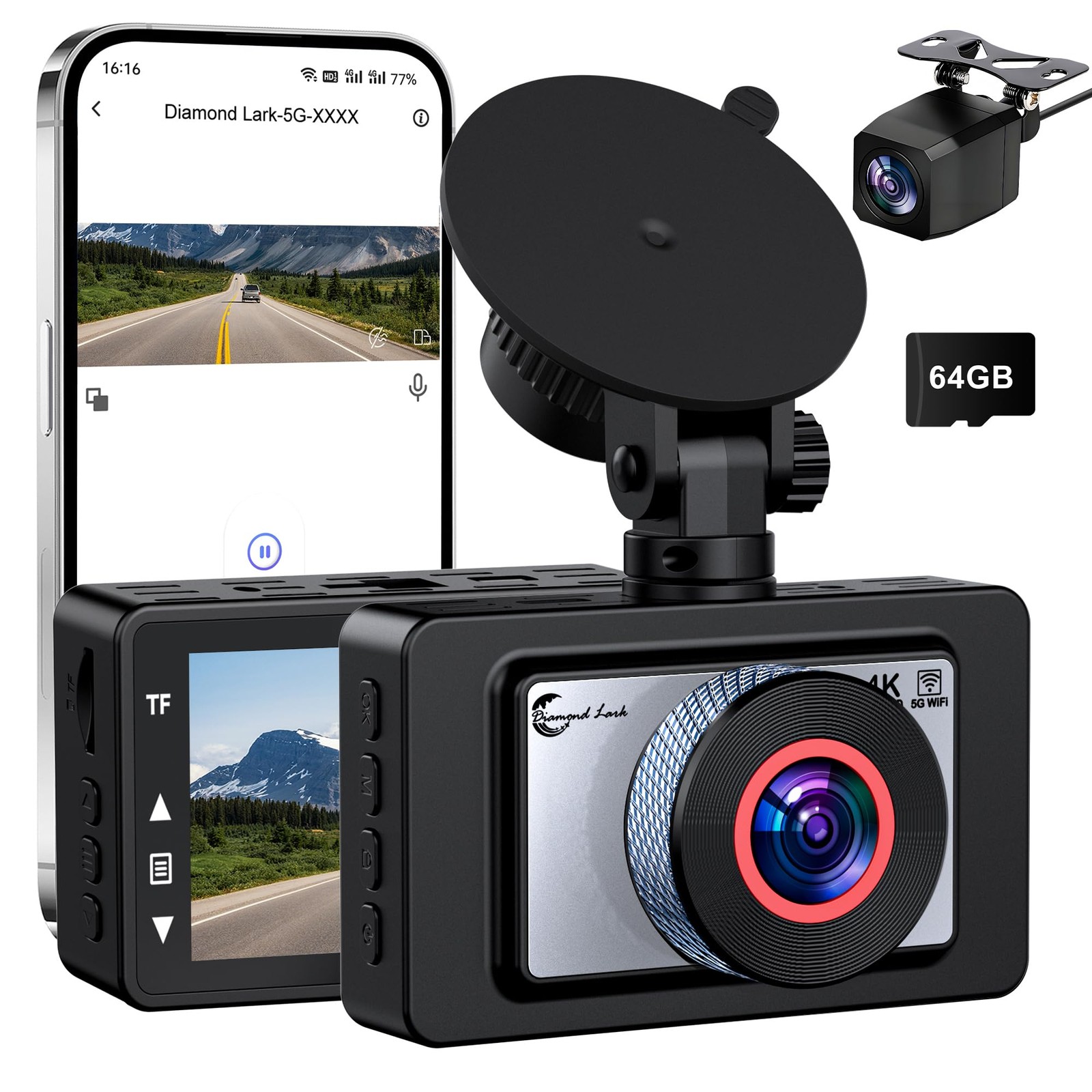 Dash Cam Front and Rear, 4K Ultra HD Dash Camera for Cars, 64GB Card Included…