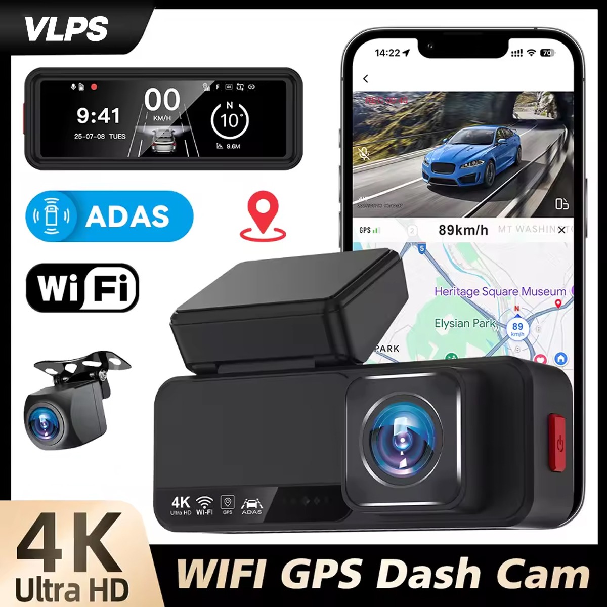 4K Dual Lens ADAS Dash Cam Front &Rear WIFI/GPS Car Camera Night Vision G-Sensor