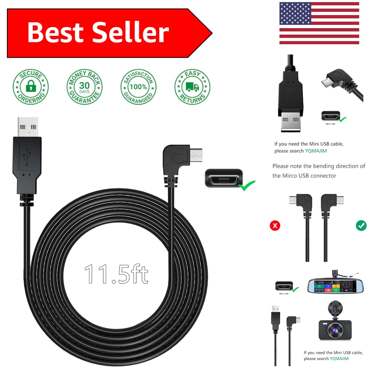 11.5 Ft USB 2.0 to Micro USB Charging Cable for Dash Cam & GPS Devices