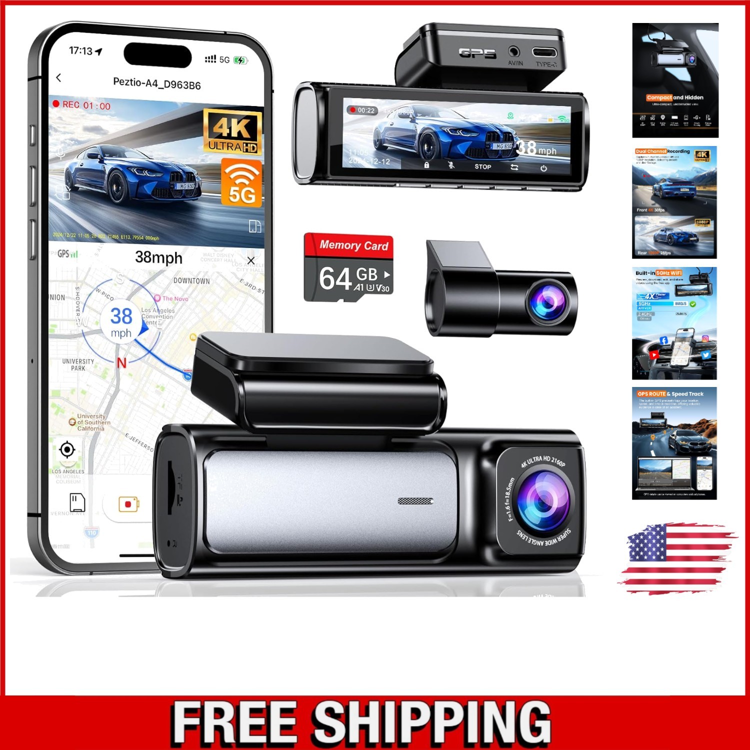 4K Dash Camera, 5GHz WiFi, Night Vision & G-Sensor with 64GB Storage