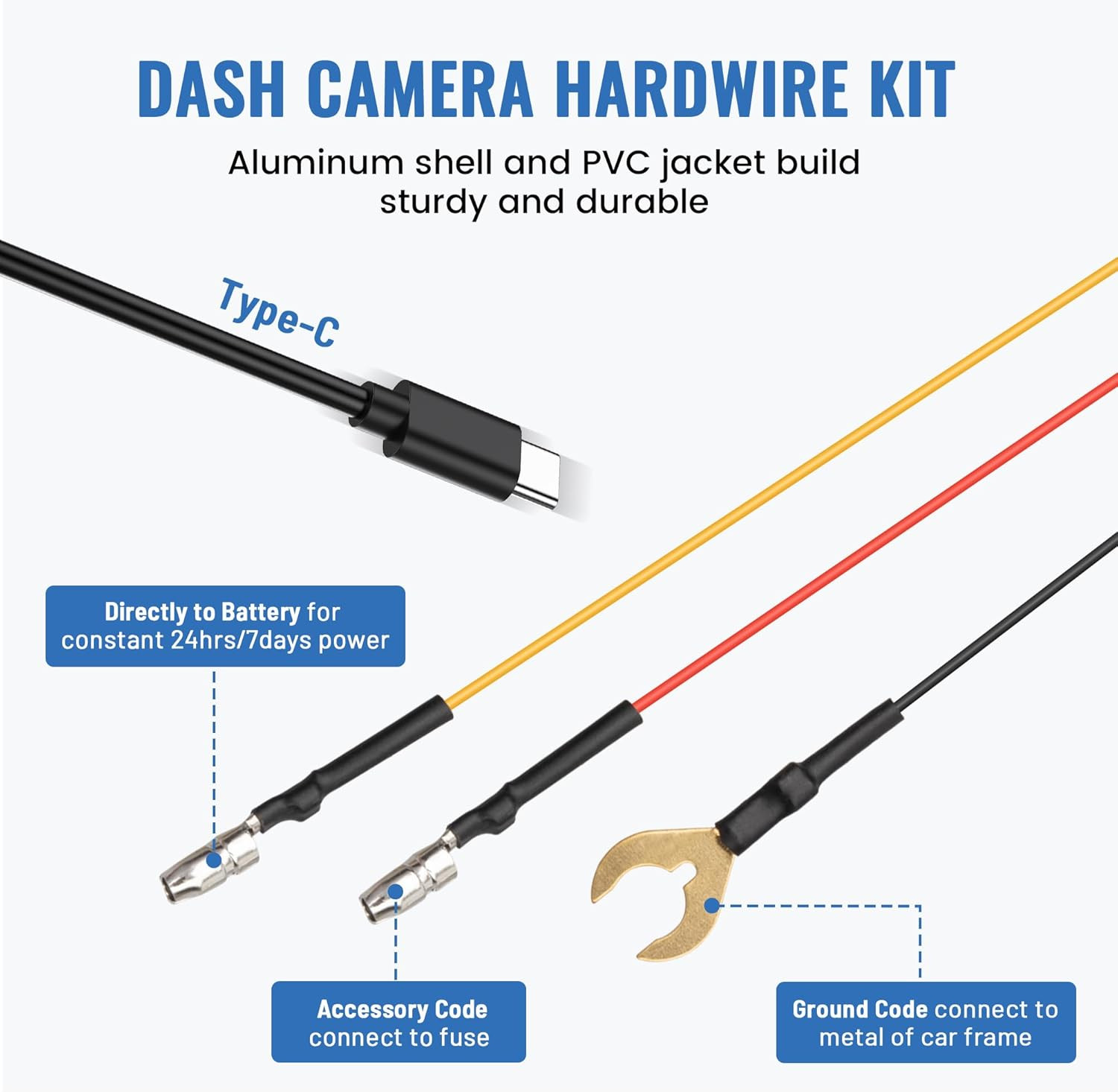 Type-C USB C Port Dash Cam Hardwire Kit, 3-Lead Acc Hard Wire Kit for Dash Camer