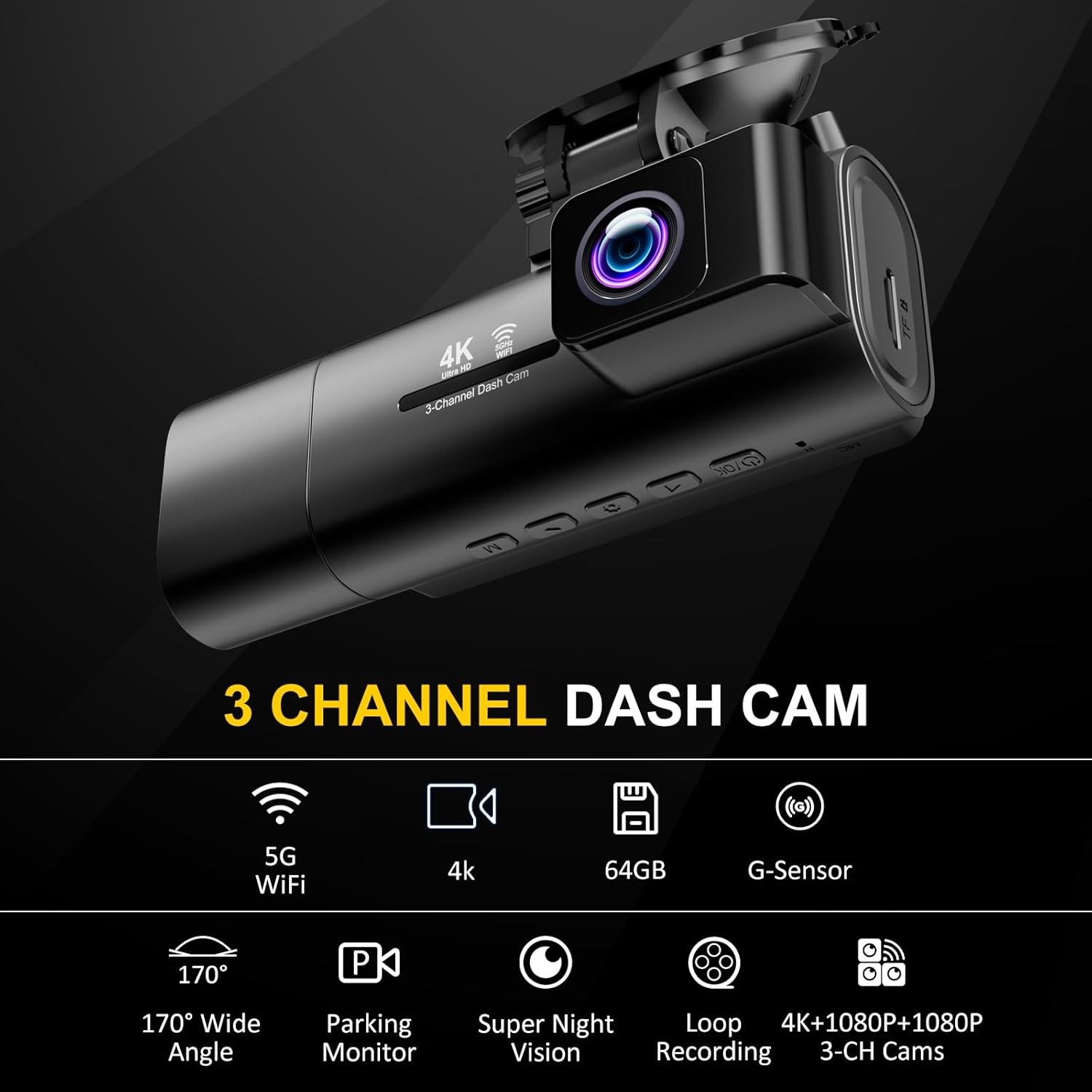 4K Dash Cam Front Rear Inside 3 Channel 5G WiFi 64GB