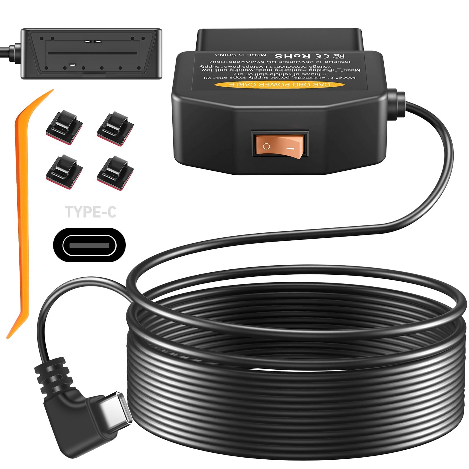 OBD2 OBD Power Cable for Dash Camera, OBD to Type-C USB OBDII Adapter Hardwir…
