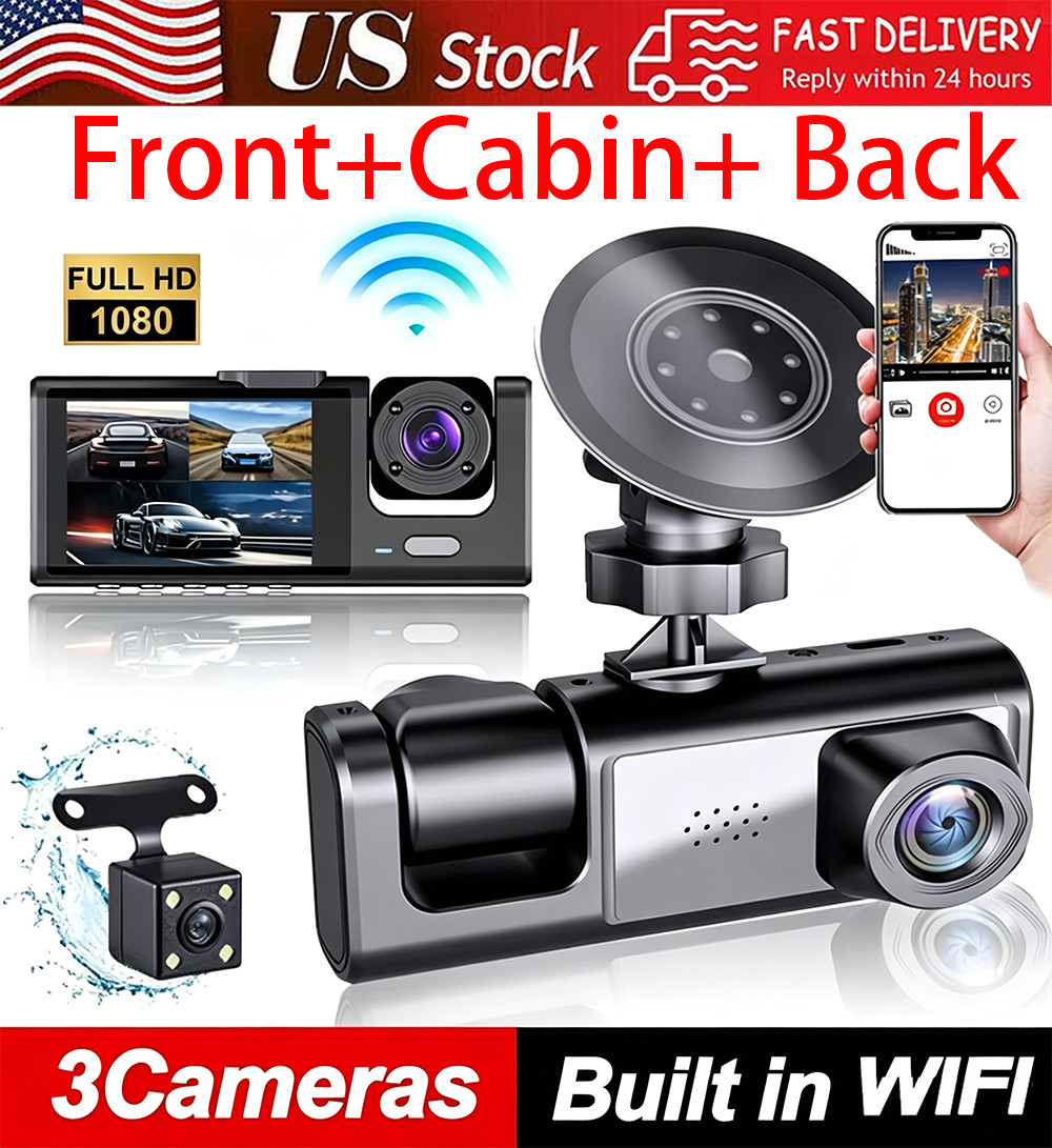 Dash Cam Car HD 1080P Front/Rear/Inside Dual Lens Video Recorder Camera G-Sensor