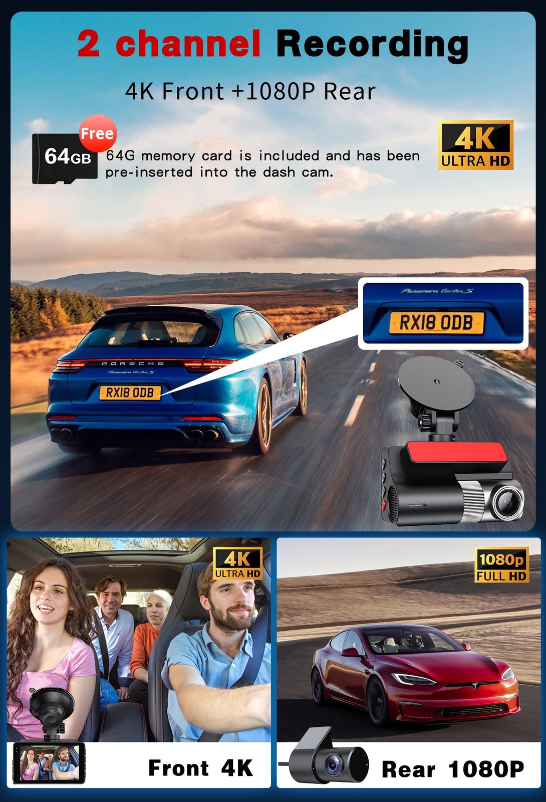4K Dash Cam Front and Rear, G-Sensor, Free 64GB Card Included, 5.8GHz WiFi wi…