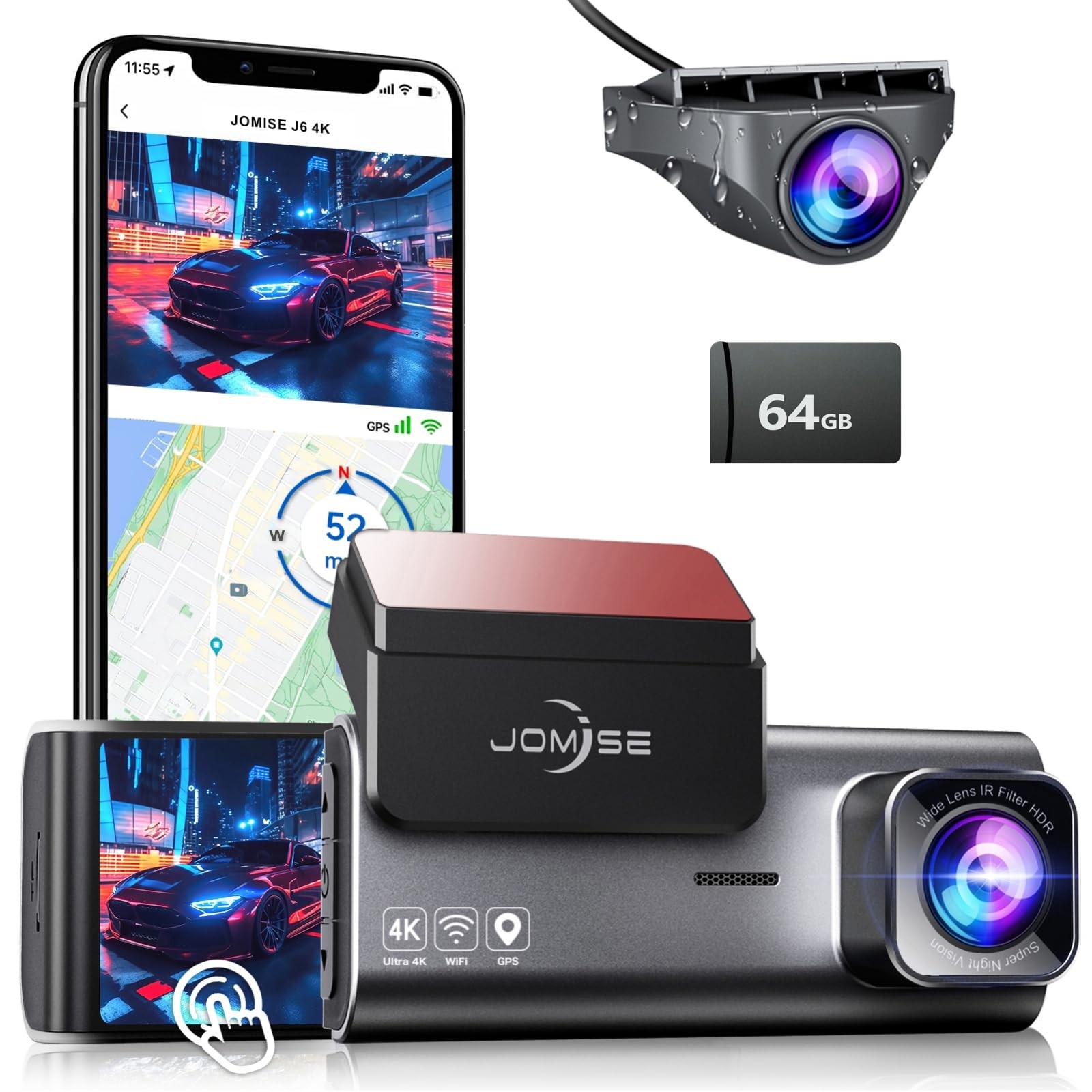 4K Dash Cam Front and Rear, 3.16” IPS Touch Screen, 64GB Card Included, Dual …
