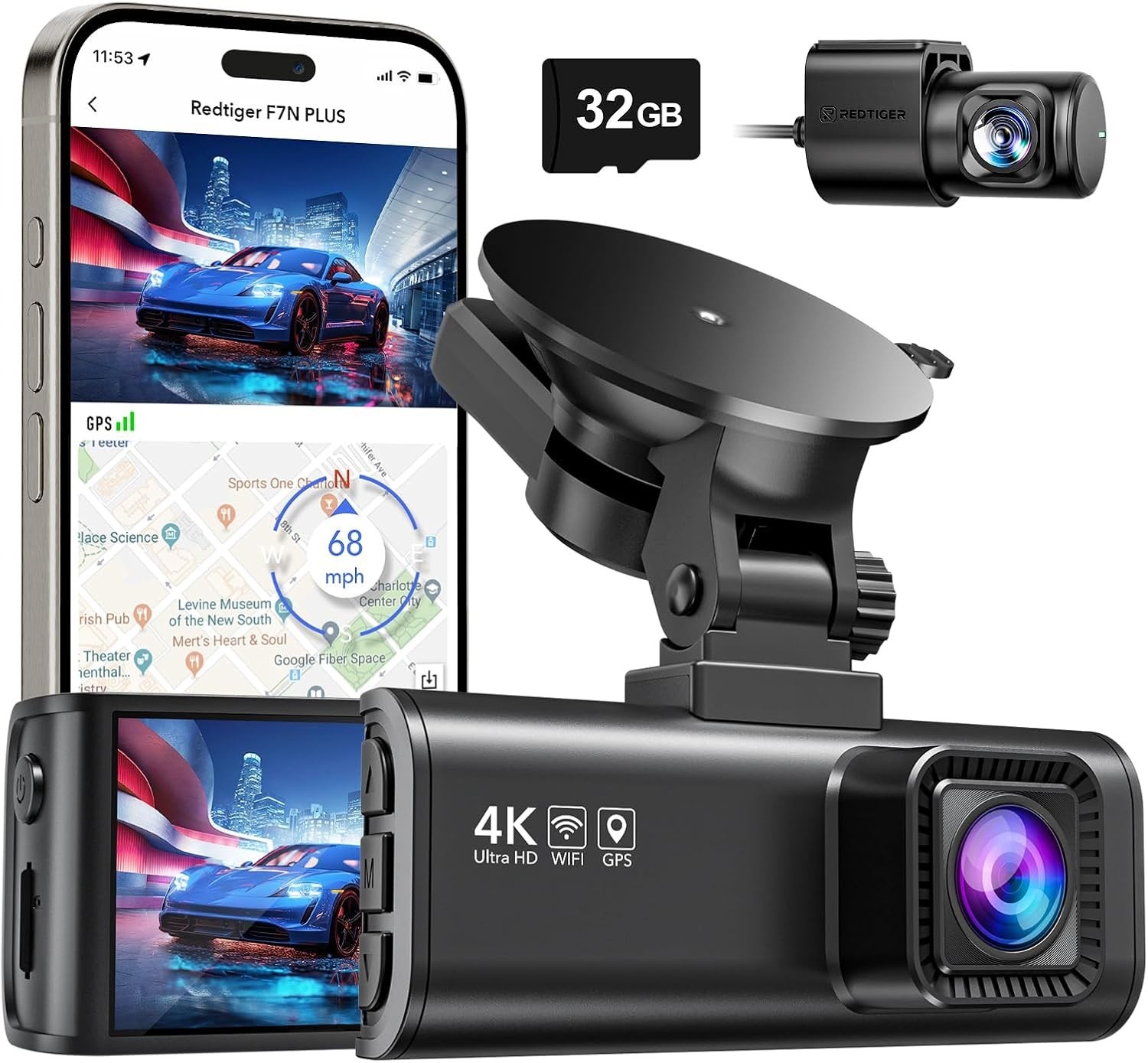 Compact Front & Rear Dash Cam with 4K Resolution, Night Vision & App Control