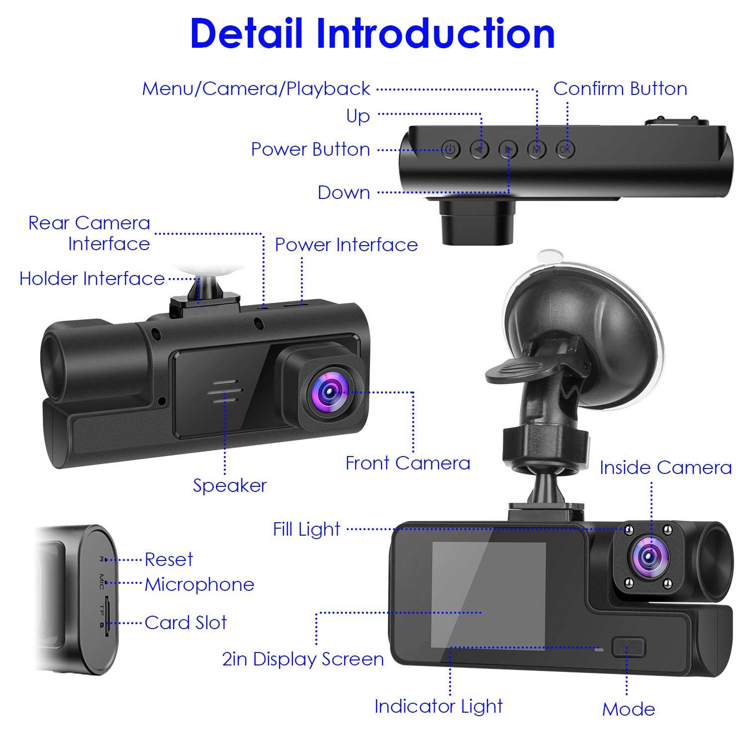 3 Channels 1080P HD Dash Cam WiFi 170° Front Rear Inside Camera & App Control