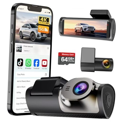 4K+1080P Dash Cam Front and Rear,64GB Card Included,5.8GHz WiFi Dash 64.0 GB