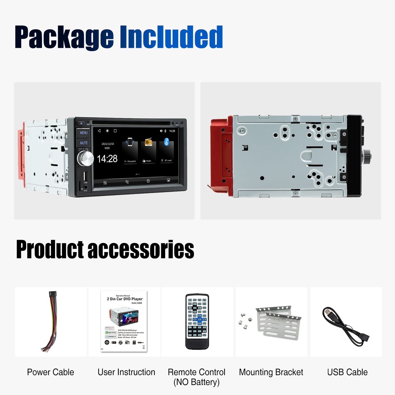 Double DIN Car Radio Stereo CD DVD Player Carplay Android Auto Bluetooth USB AUX