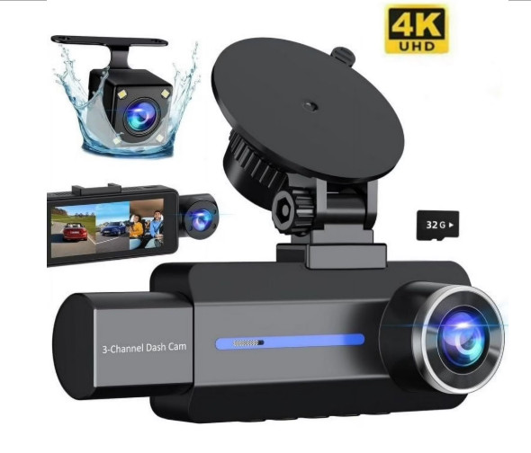 Channel Triple Dash Cam 4K/2.5K+1440P Front/ Rear /inside 32GB G-Sensor L-record