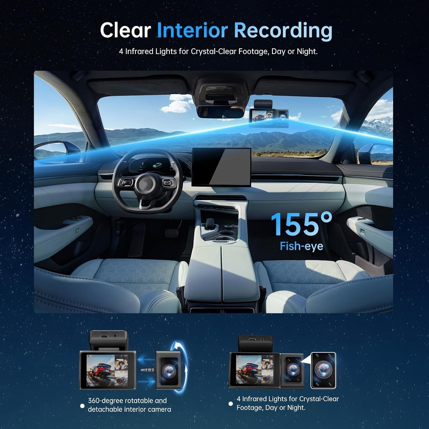 VIRROW X7 – 3 Channel Dash Cam: 4K+1080P+1080P-Dash Cam Front / Rear Inside 64GB
