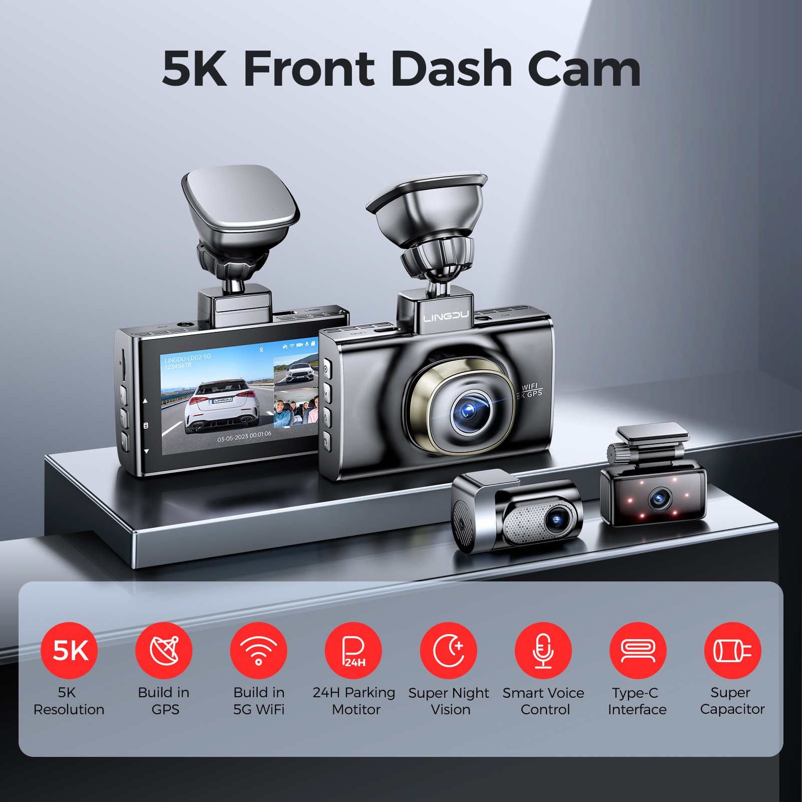 5K Dash Cam 3Lens 4K/1080P Camera WiFi GPS Night Vision Park Free 64GB TF Card
