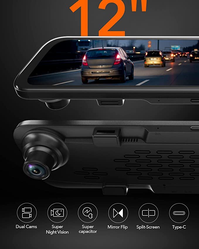 WOLFBOX G840S 4K 12″ Mirror Dash Cam Backup Camera With Super Night Vision