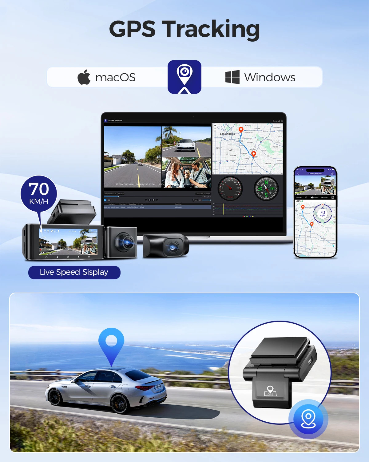 AZDOME M550 Max 4K Dash Cam 3-Channel GPS WiFi Night Vision 24H Parking