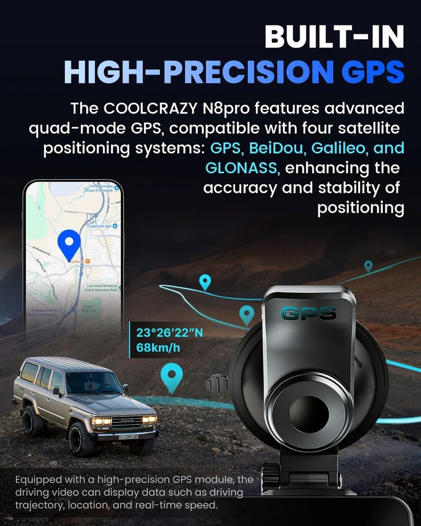 Coolcrazy N8 64GB Card 4K Dash Cam Front and Rear,Touch Screen,Loop Recording