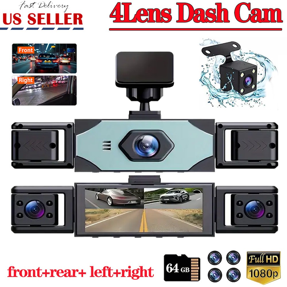 Dash Camera 1080P Front Rear Dash Cam 4Channel Night Vision Adjustable+64GB Card